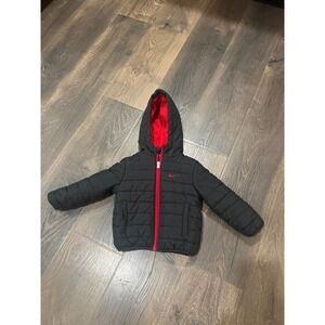 Nike Infant Boys Black Red Puffer Jacket Hooded Fleece Lined Just Do It 18M